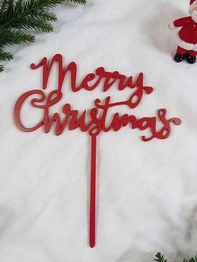 1pc Red "Merry Christmas" Cake Topper, Christmas Cake Decoration, Christmas Party Baking Supplies, Christmas Dessert Decoration, Baking Decoration Supplies, Baking Supplies, Kitchen Supplies