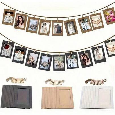 21pcs/Set Vintage Paper Photo Frames With Flag Banner Clips, Home Decor For Wedding, Anniversary, Birthday, Holiday Party, Desktop DIY Decoration (10 Frames + 10 Clips + 1 Jute Rope)