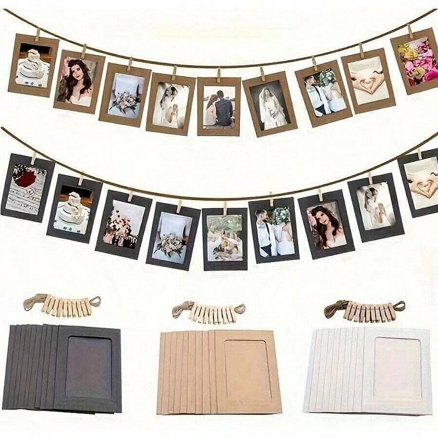 21pcs/Set Vintage Paper Photo Frames With Flag Banner Clips, Home Decor For Wedding, Anniversary, Birthday, Holiday Party, Desktop DIY Decoration (10 Frames + 10 Clips + 1 Jute Rope)