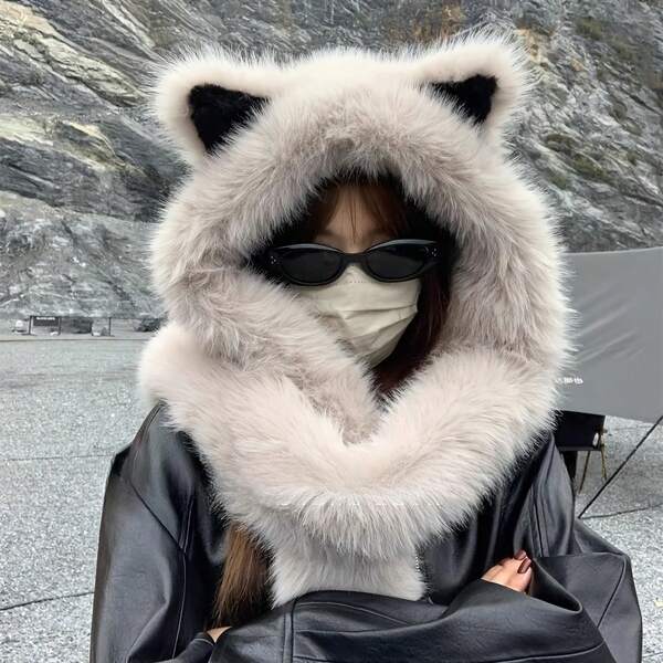 Thick-Fabric Winter Warm Plush Fox Ear Hat And Scarf In One Piece, Soft Polyester Faux Fur Cat Ears Cap, With Integrated Scarf, Suitable For Women For Winter Warmth, Fashionable And Versatile Style, Lightweight. Autumn Decor