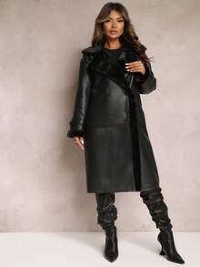 Long Oversized Coat With Faux Leather And Fur - Black - View 2