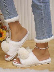 1 Pair Faux Fur Soft Comfortable Women's House Slippers, Cute Fluffy Open Toe Plush Slippers, Casual Style For Autumn/Winter, Daily Indoor/Bedroom White Slippers
