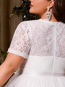 Women's Plus Size Elegant Solid Color Patchwork Lace Mesh Zipper Closure Tea Length Semi-Formal Party Dress For Wedding Guest, Bridesmaid, Maid Of Honor, Cocktail, Wedding, Graduation Party, Spring/Summer/Fall