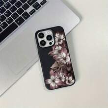 1pc TPU Material Elegant Dark Color Lily Flower Pattern Phone Case Compatible With Apple// Phones - Black - View 2