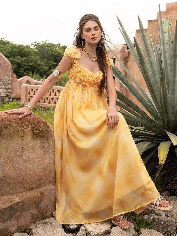 Faeriesty فستان نسائي بأسلوب بوهيمي: ياقة على شكل قلب، أكمام قصيرة، زخرفة زهرية ثلاثية الأبعاد، تنورة قصيرة على شكل حرف A - مثالي للعطلات، رحلات الشاطئ، الملابس اليومية، النزهات والغداء في عطلة نهاية الأسبوع.