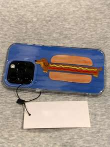 Creative Cute Dachshund & Hamburger Pattern Blue Background Phone Case, Compatible With IPhone 17 Pro Max, 17 Pro, 14, 16 Pro Max, 13 Pro, 12, 11, 15 Plus, Soft Frame Protective Cover