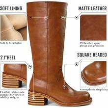 Botas de tacón grueso y bloque hasta la rodilla con punta cuadrada y tacón bajo para mujer, Estilo - Sillín - Ver 4