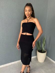 Conjunto Elegante Feminino Tomara que Caia + Saia Midi Uzze Tricot - Preto - Visão 4
