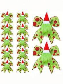2/4 Stücke festliche rote und grüne Weihnachtsschleifen Dekorationen mit Weihnachtsmannmütze & Plüschlaub - Glitzer Punkt Bänder für Kränze, Bäume und Feiertags-Party Ornamente, festliche Verzierungen | Weihnachtsmann-Themen Dekoration | Dekorative Bänder, Weihnachtsdekorationen