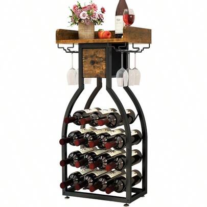IBUYKE Wine Rack Freestanding FloorWine Storage 15 Bottles Bottle Rack With Glass Holders Mini Bar Wine Cabinet With Storage Drawer For Home Bar Kitchen Dining Room Rustic Brown UTMJ908H