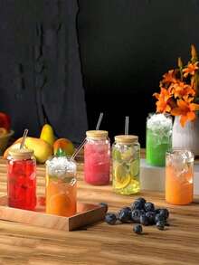 4 piezas Vaso de vidrio con tapa y pajita, bebida, vaso para café helado, tapa de bambú linda, pajita reutilizable y cepillo de limpieza de pajitas, adecuado para restaurante/hotel/uso doméstico