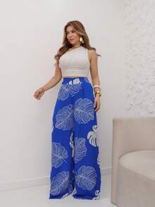 Wide Leg Pants Plant Print All Over S M L - Royal Blue - View 4