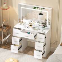 [Halloween Decorations]Makeup Vanity Set Large LED Lighted Mirror Dressing Table Dresser Desk W/ Drawer-Touch Control Mirror, Ideal For Organizing Makeup, Skincare. Compact Vanity Furniture Fits Bedroom, Serves As Decor, Gift, Perfect Gift For Women - White - View 2