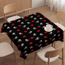 1 pièce Nappe en polyester noir avec motif squelette, motifs de crânes, fleurs et cœurs. Nappe rectangulaire/carrée imperméable, anti-taches et sans plis. Pour la décoration intérieure et extérieure, maison, chambre, salle de bain, cuisine et salle à manger. Idéal pour Halloween, Noël, mariage, anniversaire, fête, pique-nique et autres occasions festives.