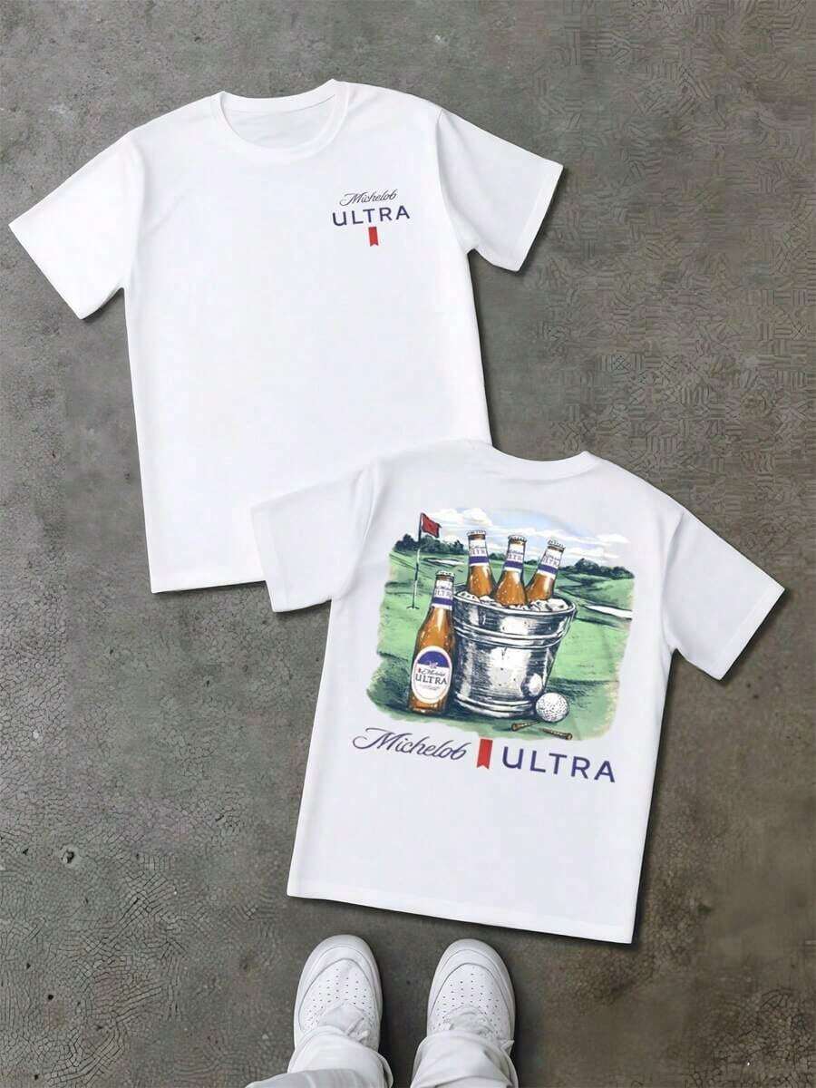 Graphic Hoodies Cotton-Shirt Michelob ULTRA Beer Bucket Double Sided Digital Printed  Cotton Shirt 1Pcs Men's Casual Tee  Summer Sports Tee Y2K,Oversize Plus Size Men's S To 5XL,Summer Tee - 白色 - 查看 1