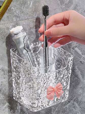 1pc Bathroom Wall-Mounted Paper Towel Holder, Transparent Plastic Wavy Design Tissue Box, Toothbrush Holder