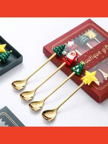 2 Stücke Weihnachts-Kaffeelöffel mit roter Geschenkbox - Kreative Weihnachtsbaum, Weihnachtsmann, Stern Edelstahl Löffel, geeignet für Essgeschirr, Dessert, Tee, Suppe Rühren, praktisches Weihnachtsgeschenk - Weihnachtsparty Zubehör