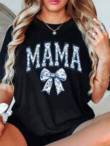100% Algodón Unisex 1pc Camiseta Casual de Cuello Redondo para Mujeres con Impresión de Alfabeto "MAMA" y Lazo, Tejido de Algodón, Longitud Regular, Camiseta de Manga Corta para Todas las Estaciones, Camiseta para Hombres y Mujeres, Camisetas de Manga Corta Cuello Redondo - Negro - Ver 1