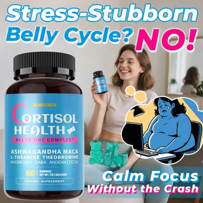 JEMEESEN Stress Relief Candy - Balance Cortisol And Emotions| Daily Calm And Rhythm Support, Breaks Stubborn Belly| Contains Ashwagandha, Maca, L-Theanine, And GABA| 60 Capsules| Delicious Berry Flavor