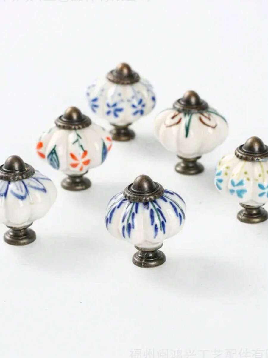 1/6 szt. Gałka do szuflady w stylu vintage, niebiesko-biała ceramiczna gałka do szafki, gałka do szafki w kształcie dyni, gałka do komody w stylu retro, uchwyt do okuć meblowych - uchwyt do szuflady w stylu vintage ze śrubami, nadaje się do szaf, szuflad i szafek