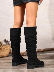 2025秋季新款时尚百搭阔腿长靴，平底宽松靴（尺码偏小） - 黑色 - 查看 4
