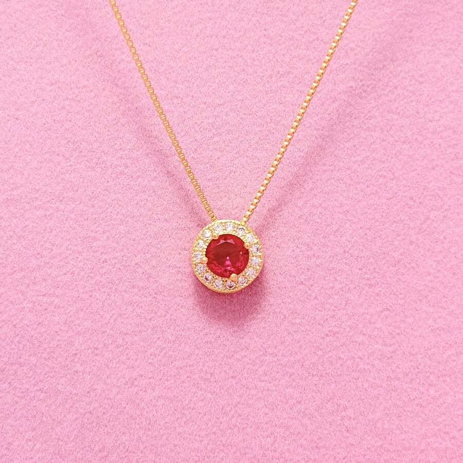 Fashion Women's Necklace, Colorful Round Pendant Inlaid With Imported Zirconia, 925 Silver Or 18K Gold Plated - Rosa vermelha (ouro) - 查看 1