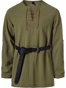 Men's Pure Cotton Vintage Lace Up Shirts For Pirate Renaissance Viking Medieval Costume Without Belt - 軍綠色 - 查看 2