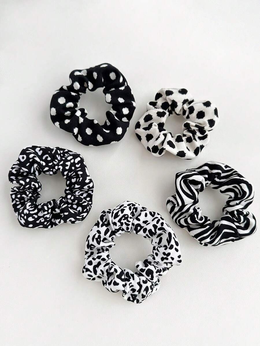 1pc Women's Cartoon Black & White Leopard Dot Wave Scrunchie, Elegant Retro Fashion Versatile Hair Accessory For Ponytail & Bun, Suitable For Daily Hairstyles, Ponytail Holders, Hair Elastics, Hair Rubber Bands, Scrunchies, Hair Rope ,Animal Print