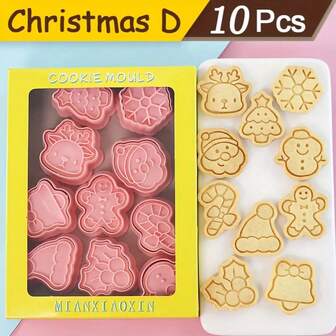 10 pezzi/set Formine per biscotti di Natale, Formine per biscotti di Natale a forma di cartoni animati, Stampi per pasta di zucchero pressati 3D, Materiale in PP, Strumenti per decorare torte e biscotti a forma di elementi natalizi, Strumenti da cucina per pasta di zucchero pressata a mano, Formine per biscotti glassati, Strumenti per imprimere la pasta di zucchero, Multiuso per tagliare frutta, biscotti e dolci, Ideale per feste o riunioni
