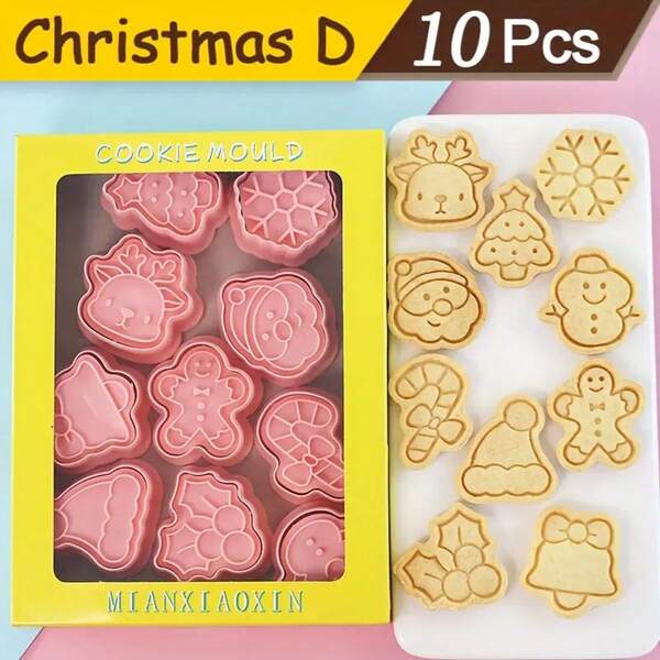 Juego de 10 cortadores de galletas navideñas, moldes de cortadores de galletas navideñas de dibujos animados, herramientas de horneado de fondant prensado en 3D, material de PP, herramientas de decoración de pasteles con forma de elementos navideños, herramientas de horneado de fondant prensado a mano, cortadores de galletas con glaseado, herramientas de impresión de fondant, multiusos para cortar platos de frutas/galletas/pasteles, ideal para fiestas o reuniones