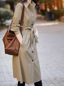 Gabardina fina para mujer, estilo británico, cinturón con botones en la cintura, elegante y a la moda, chaqueta camisa de longitud media. - Caqui - Ver 2