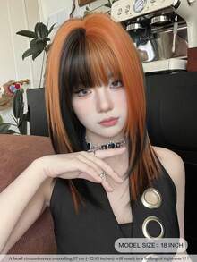 18 英寸时尚齐肩假发，橙色黑色挑染假发，带刘海深色发根，蓬松全机高密度合成纤维分层假发，适合女孩日常、街头服饰、音乐节派对摄影假发，非常适合开学季、万圣节角色扮演动漫或服装使用 - 彩色 - 查看 3