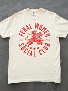 FERAL WOMEN Tiger Riding Women's Printed T-Shirt With "Loud & Proud" Slogan. 180g 100% Cotton Loose Short Sleeve. 1-Piece Set. Perfect For Expressing Female Strength And Everyday Wear.