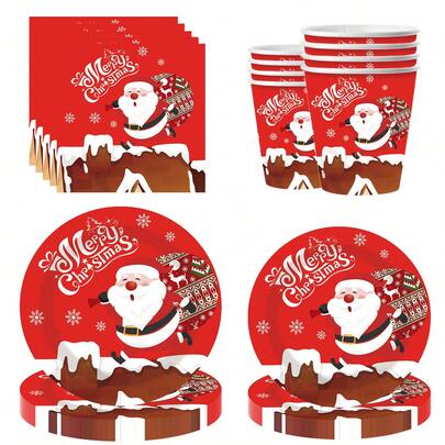 10 件红色圣诞纸盘纸杯和餐巾餐具套装派对包红色圣诞老人礼物晚餐餐具套装含 7 英寸盘子 9 英寸盘子餐巾纸杯派对用品适用于圣诞节节日圣诞快乐晚餐装饰