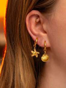 1 Pair Stainless Steel Waterproof & Fade-Resistant Shell & Starfish Marine Life Beach Vacation Hoop Earrings, Suitable For Women's Daily Wear - Gold - View 5