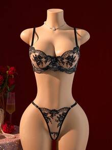European Blue Style Floral Embroidery Sexy Lingerie Set, Two Piece Set Women,Single-Layer Sheer Bra And Thong, Breathable Underwire Bra And Panty Set, Couple IntimateApparel ,Club Outfits Women Sexy ,Lenceria Sexy Para Mujer - 黑色 - 查看 1