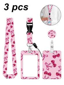 Cherry Bow Pattern Design Retractable Badge Holder, Id Name Tag Worker Badge Carabiner Pink Retractable Badge Reel With Detachable Lanyard - Inspirational Quote Id And Keychain, Vertical Card Protector For Home Office Doctors Nurses Teachers Women Students And Professionals - Multicolor - View 1