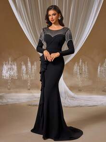 GIFORU 奢华黑色水晶刺绣礼服 - 透视领口美人鱼连衣裙，饰有流苏肩部和层叠荷叶边，适合 Met Gala 晚宴后的派对、维也纳歌剧院之夜和红毯婚礼舞会礼服 - 黑色 - 查看 5