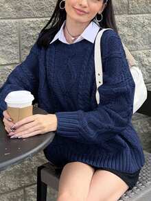 FOR BEAUTY Autumn And Winter New Round Neck Twisted Flower Long Sleeve Knitted Sweater Tops Women Loose Dark Blue Simple Fashion Commuting Style Women's Sweater Dark Blue Long Sleeve Casual Lazy Style Warm Top - Blue - View 3