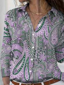 Printed Button Front Shirt, Bohemian Style Long Sleeve Printed Button Down Shirt - Mauve Purple - View 2