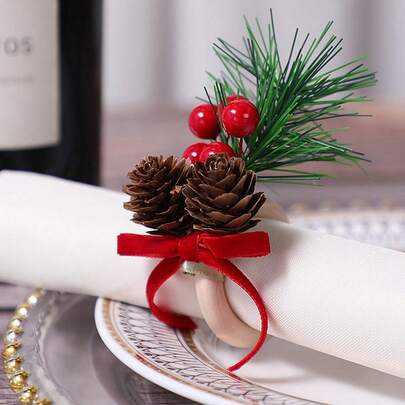 Christmas Theme Napkin Ring Simulation Pine Cones Pine Needle Decoration For Multiple Occasions Dining Table Layout Three Packs