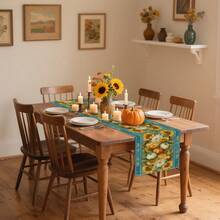 1/108 pièces Style pastoral d'automne et d'été Motif rétro de citrouille et de feuille d'érable Impression numérique Chemin de table de podium - Dîner en famille, décoration d'ambiance, convient pour les fêtes, les cadeaux, les cuisines, les salons, les banquets d'hôtel