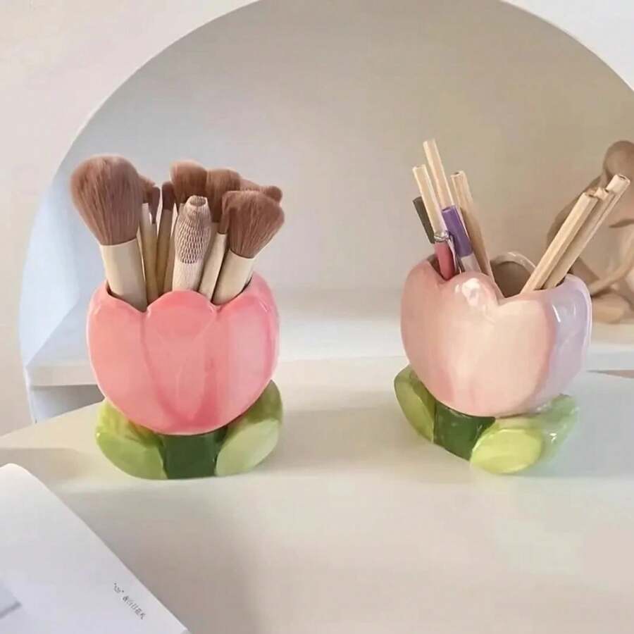 Flower Pen Holder Ceramic Desktop Decoration Cute Girl Desk Office Storage Box Stationery Shelf Storage Tank - 鬱金香粉紅色 - 查看 1