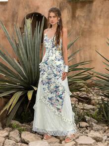 Faeriesty BohoBloom Women's Bohemian Style Spaghetti Strap Dress, Backless Tie, Ruffle Lace Trim And Sheer Lace Patchwork - Ideal For Beach Vacation, Park Stroll, Brunch, City Tour, Casual Date Elegant Party Summer - Multicolor - View 6