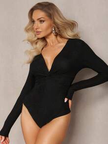 Twist Bust Glitter Bodysuit With Deep Neckline - Black - View 2