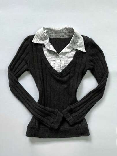 Women's Affordable Casual Top, Polka Dot & Striped 2 In 1 Design, Slim Fit Versatile For Daily Layering Or Outerwear Black Spring