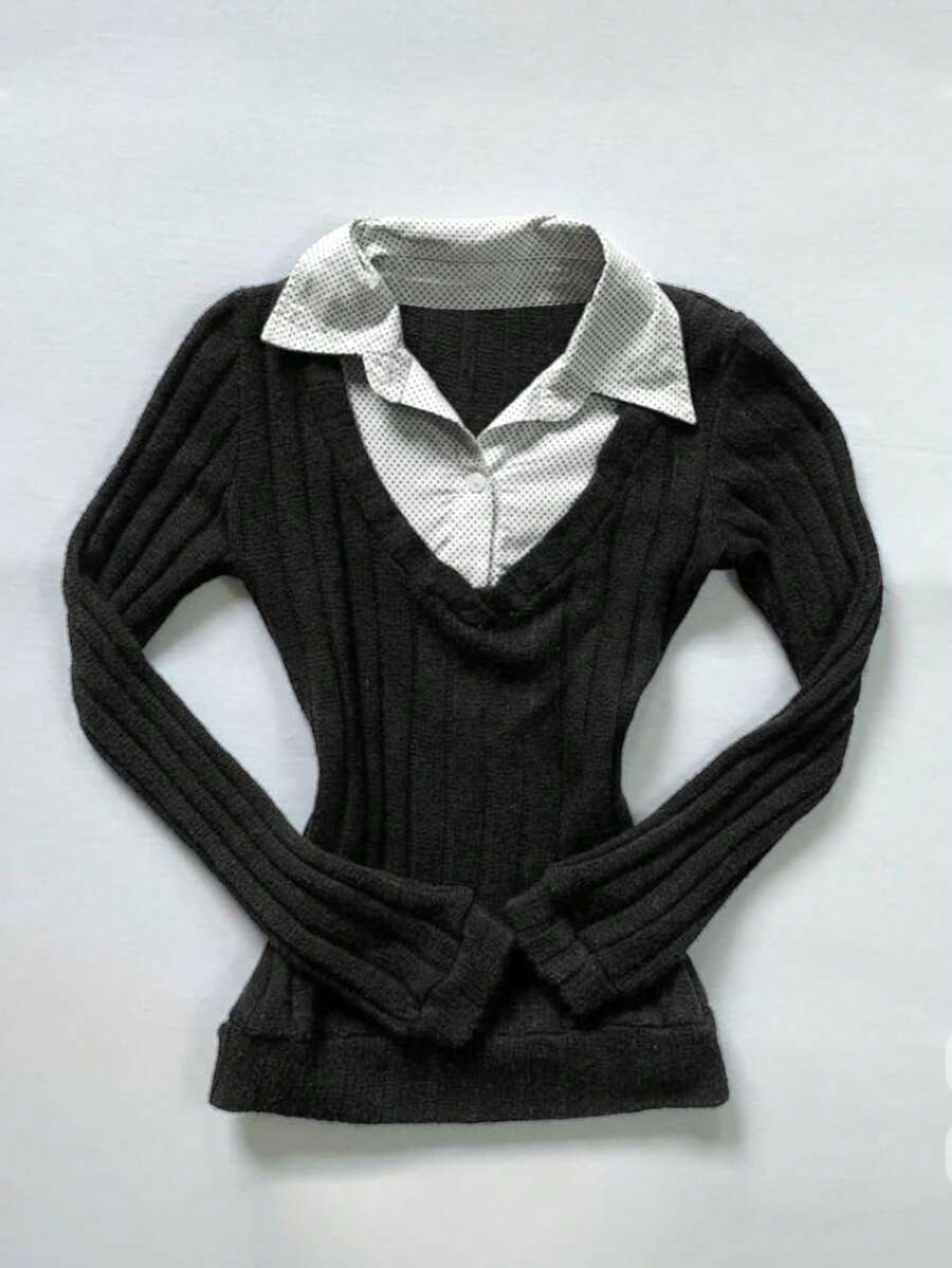 Áo nữ kiểu dáng thường ngày giá cả phải chăng, thiết kế 2 trong 1 chấm bi và sọc, dáng ôm, đa năng, thích hợp mặc hàng ngày hoặc khoác ngoài, màu đen, thích hợp cho mùa xuân.