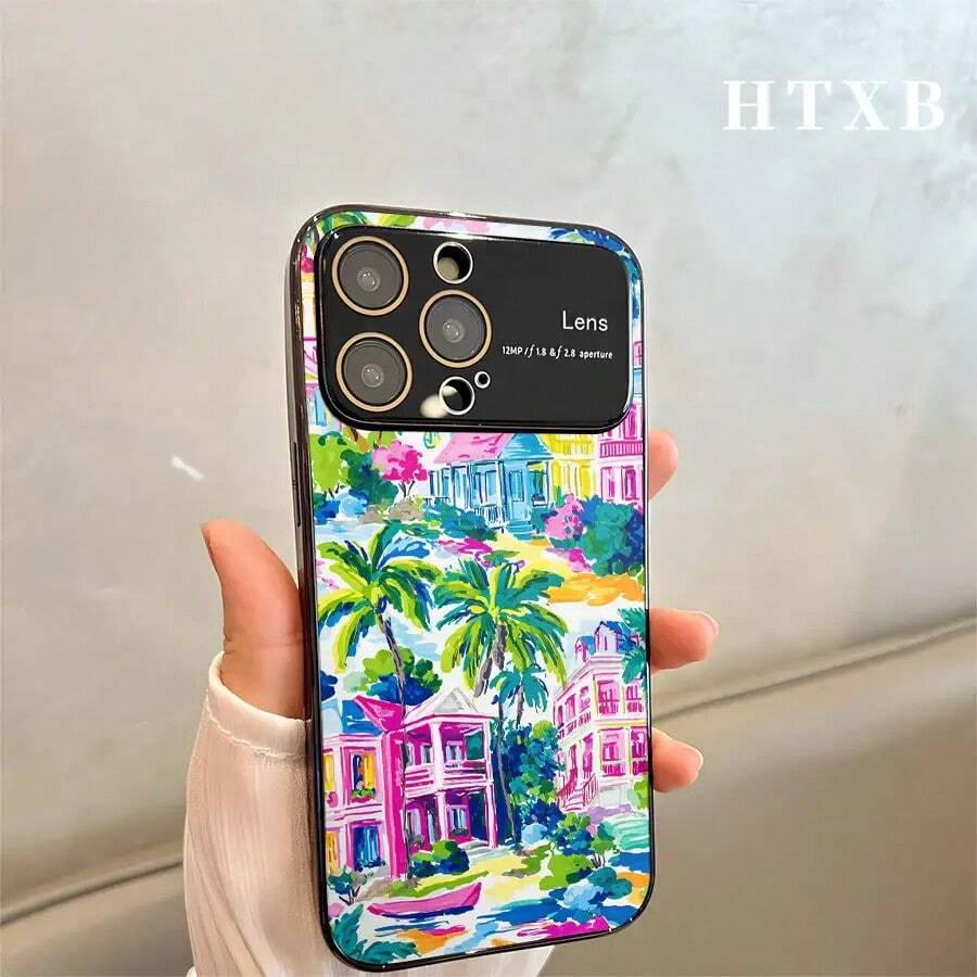 Funda para teléfono con diseño de palmera y coco, electrochapada | Funda AG Frosted Large View Window 2 en 1 para varios modelos, incluyendo las series 17, 16, 15, 14 y 13. - Negro - Ver 1
