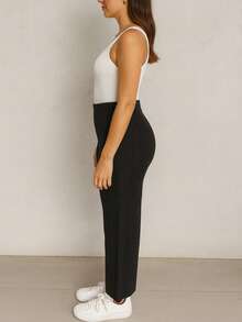 Choa Pantalón Punto Suéter Recto Largo Mujer Para Dama Elástico Cintura Media Color Sólido Casual Daily - Negro - Ver 2
