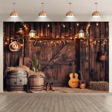 1 Westlicher Cowboy-Themen Fotografie Hintergrund Tuch, Westlicher Cowboy Polyester Fotografie Hintergrund Banner, Arakno Nishibu Tanikura Holz Torhaus Foto Hintergrund, Retro Party Banner Dekoration, Studio Requisiten, Geburtstagskuchen Tisch Zubehör